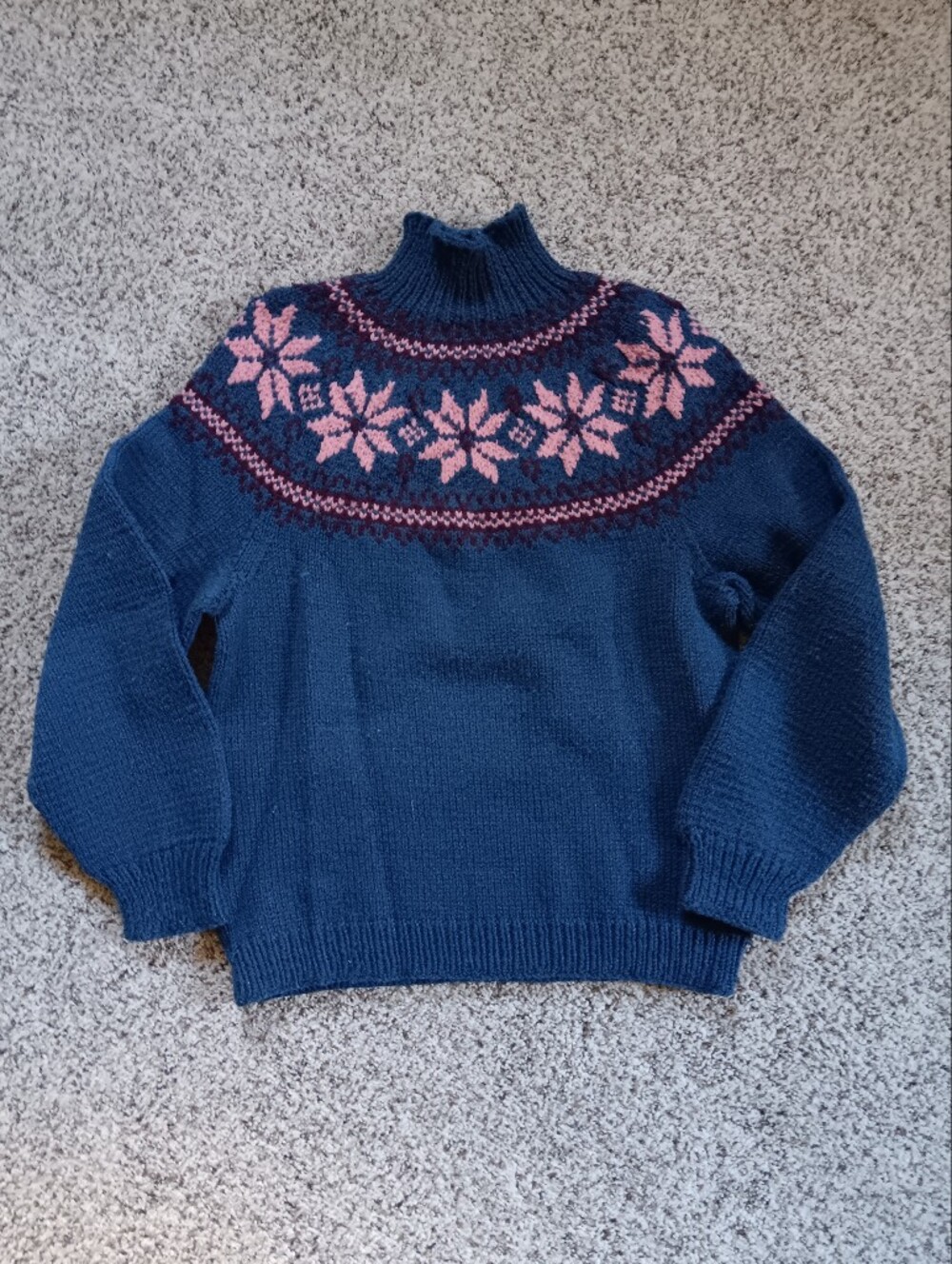 Hand Knit Blue Pink Fair Isle Yoke Sweater Womens Small Scandi Turtleneck